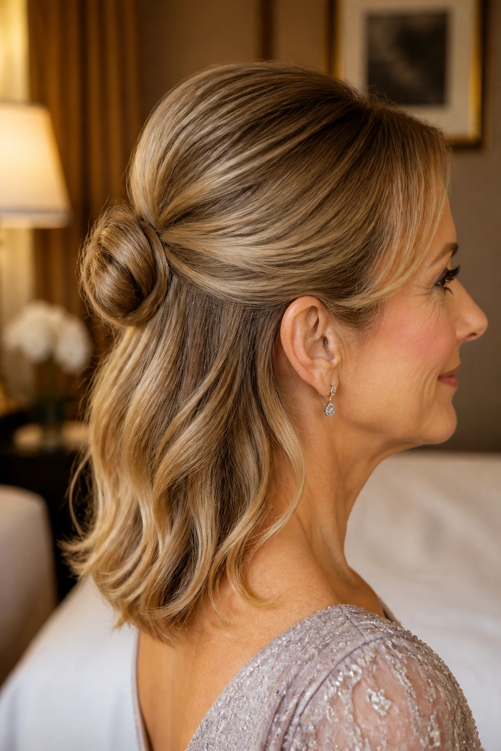 Portrait of a woman with a mini low bun half-up hairstyle.