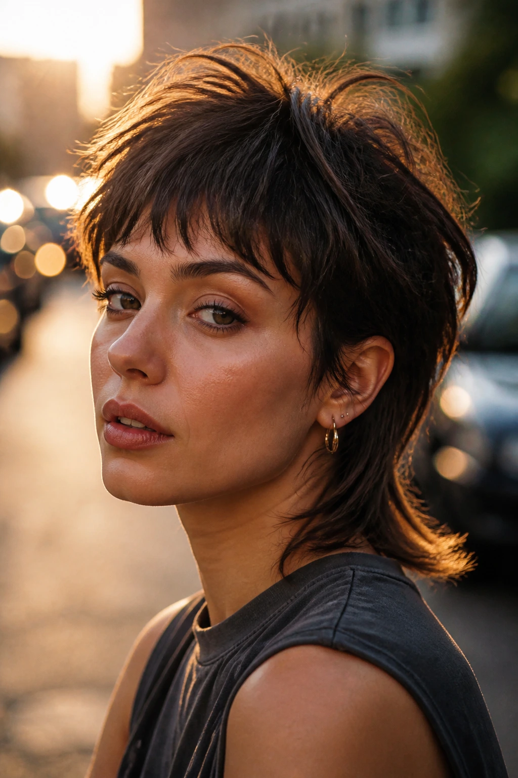 Close-up of a real person with crown volume and textured fringe in golden hour light