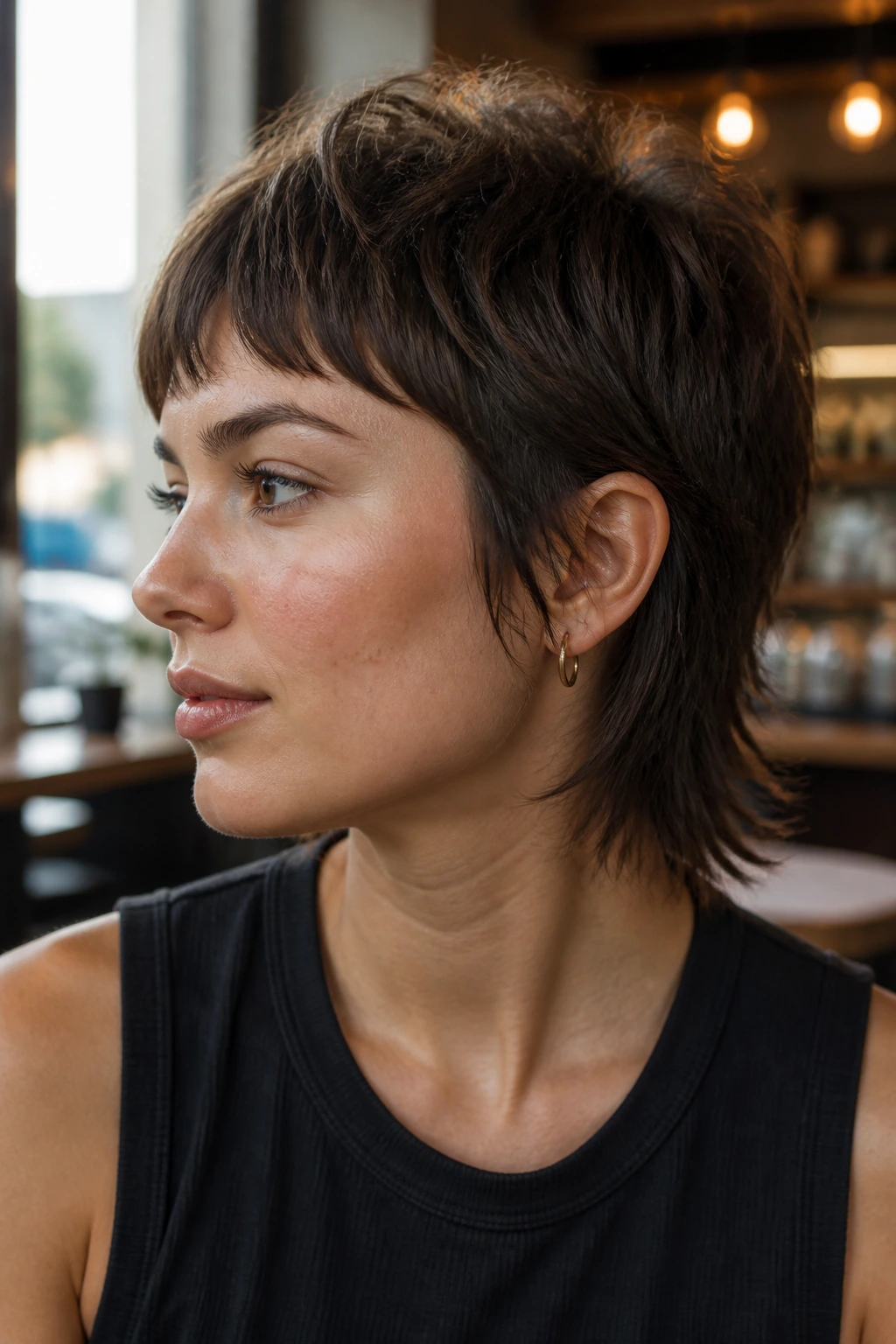 Real woman with soft mini mullet featuring gentle ends in a cafe setting
