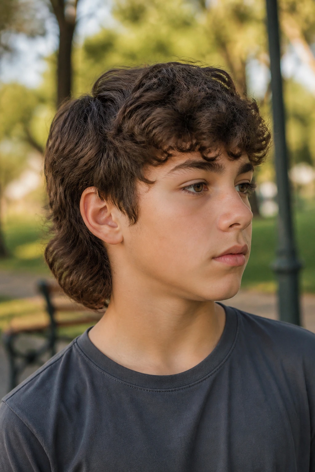 Three-quarter view of a real boy with mini mullet and soft layers outdoors