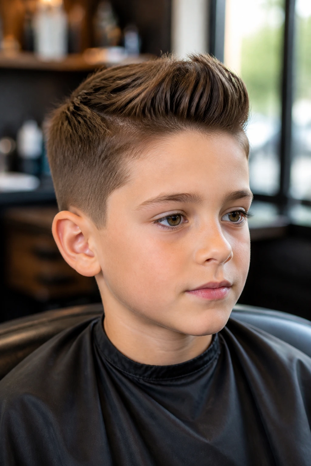 Close-up of a real boy's mini pompadour with scissor-tapered sides in a sunlit barber setting