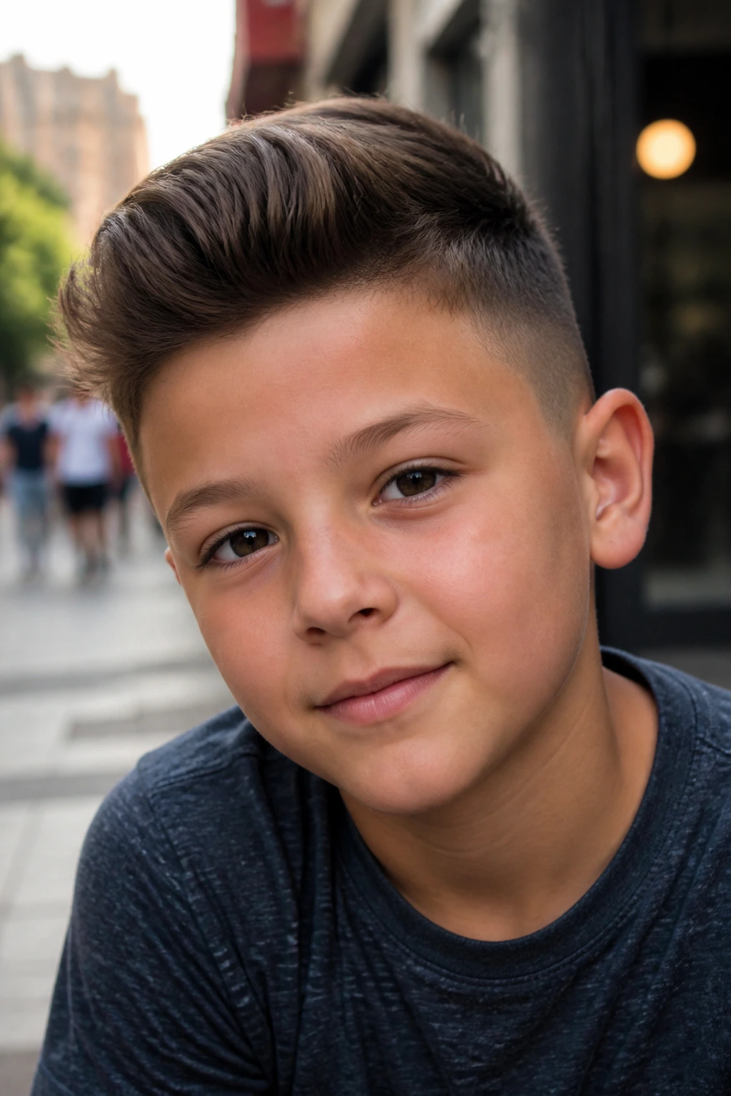 Close-up portrait of a real boy with a mini pompadour undercut in soft outdoor light