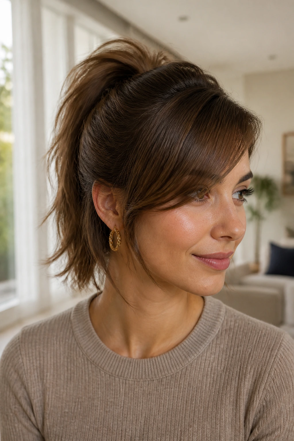 Real woman with a mini pony at the crown and loose lower layers in a voluminous ponytail