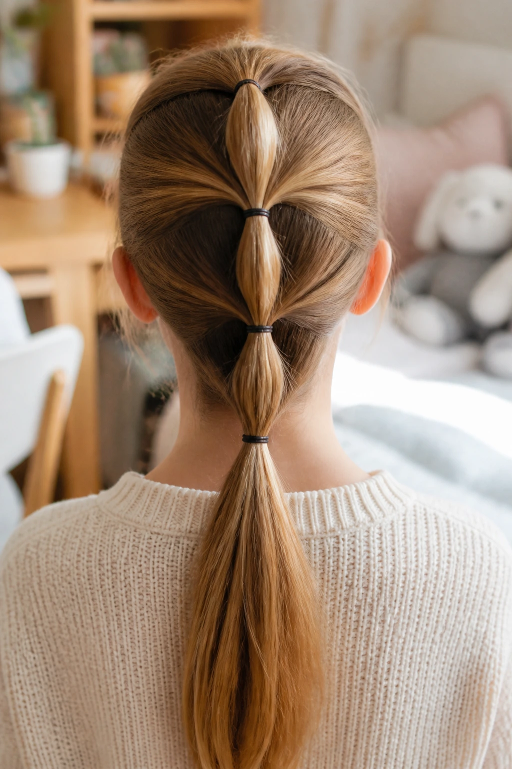 Back view of real person showing four mini ponytails chained down the back