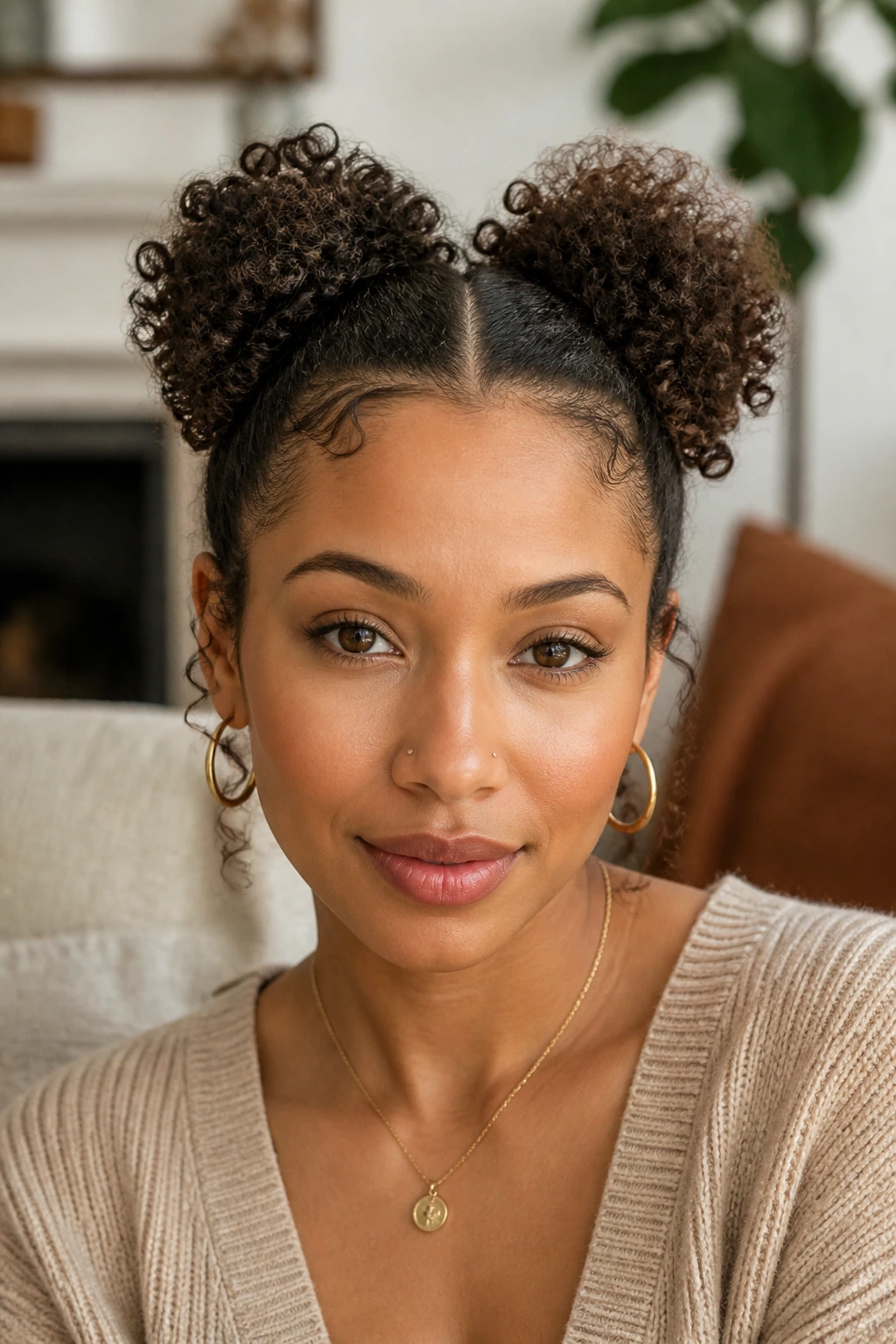 Close-up of a real woman with two mini puffs on short curly hair.