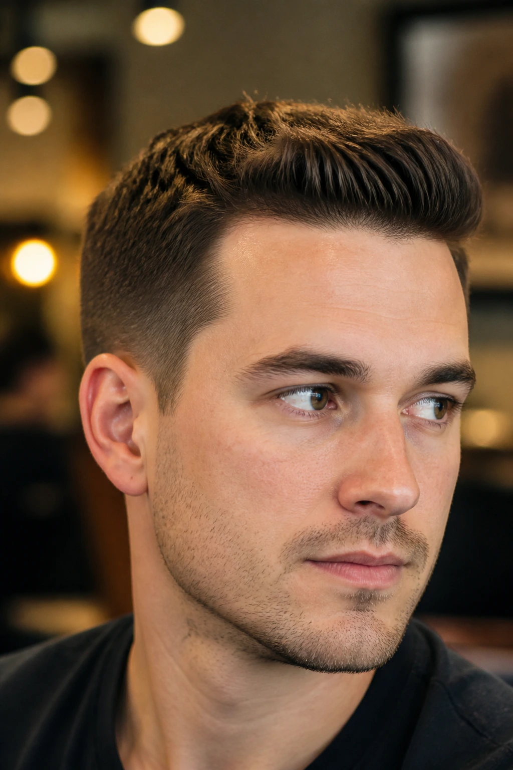 Close-up of a real person with a small-height quiff lifting at the front.