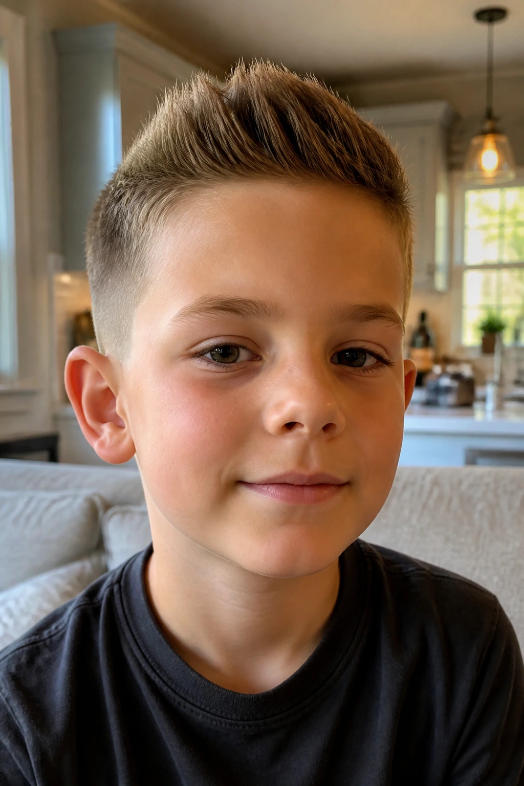 Close-up of a boy with a mini quiff in a bright room