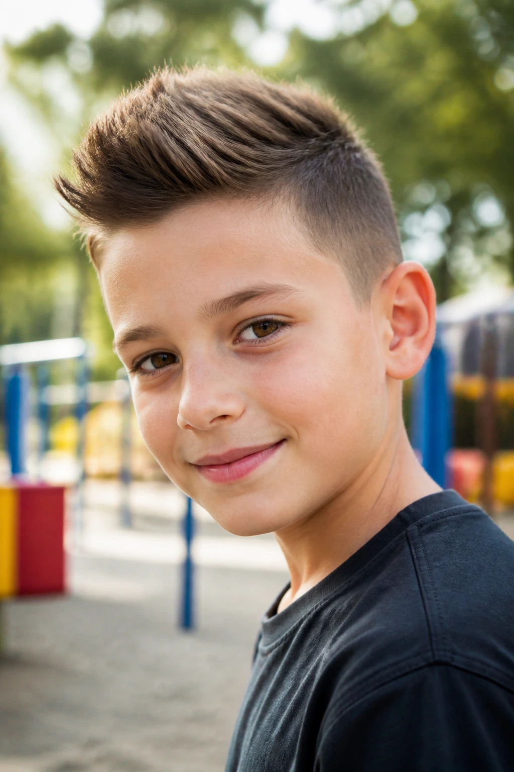 Boy with mini quiff haircut outdoors