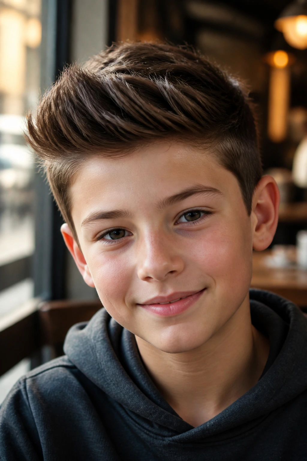 Close-up of a boy with a mini quiff swoop hairstyle in warm cafe light