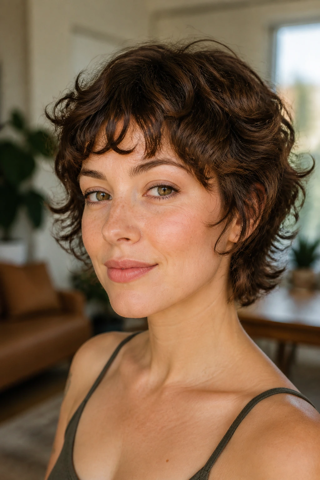 Real person with a mini shag cut featuring airy temple layers.