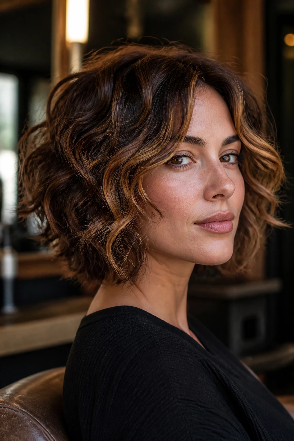 Close-up of a real woman with a mini shag bob and warm cinnamon front frame