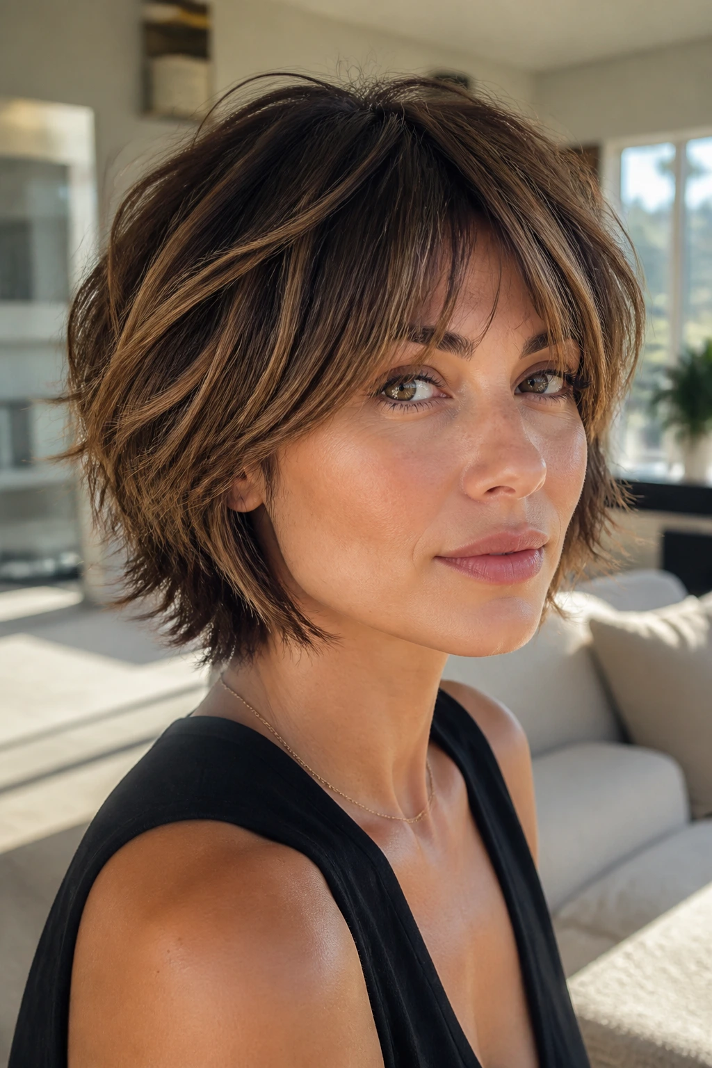 Close-up of a real woman with a mini shag bob and feathered highlights in bright room light