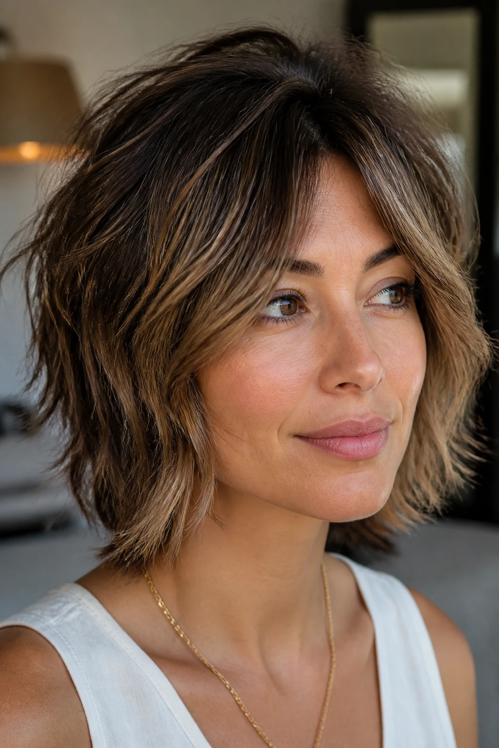 Portrait of a woman with a mini shag haircut and caramel highlights at home