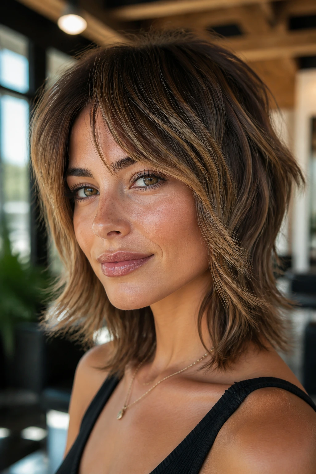 Real woman with mini shag emphasizing shape and caramel highlights, close-up portrait