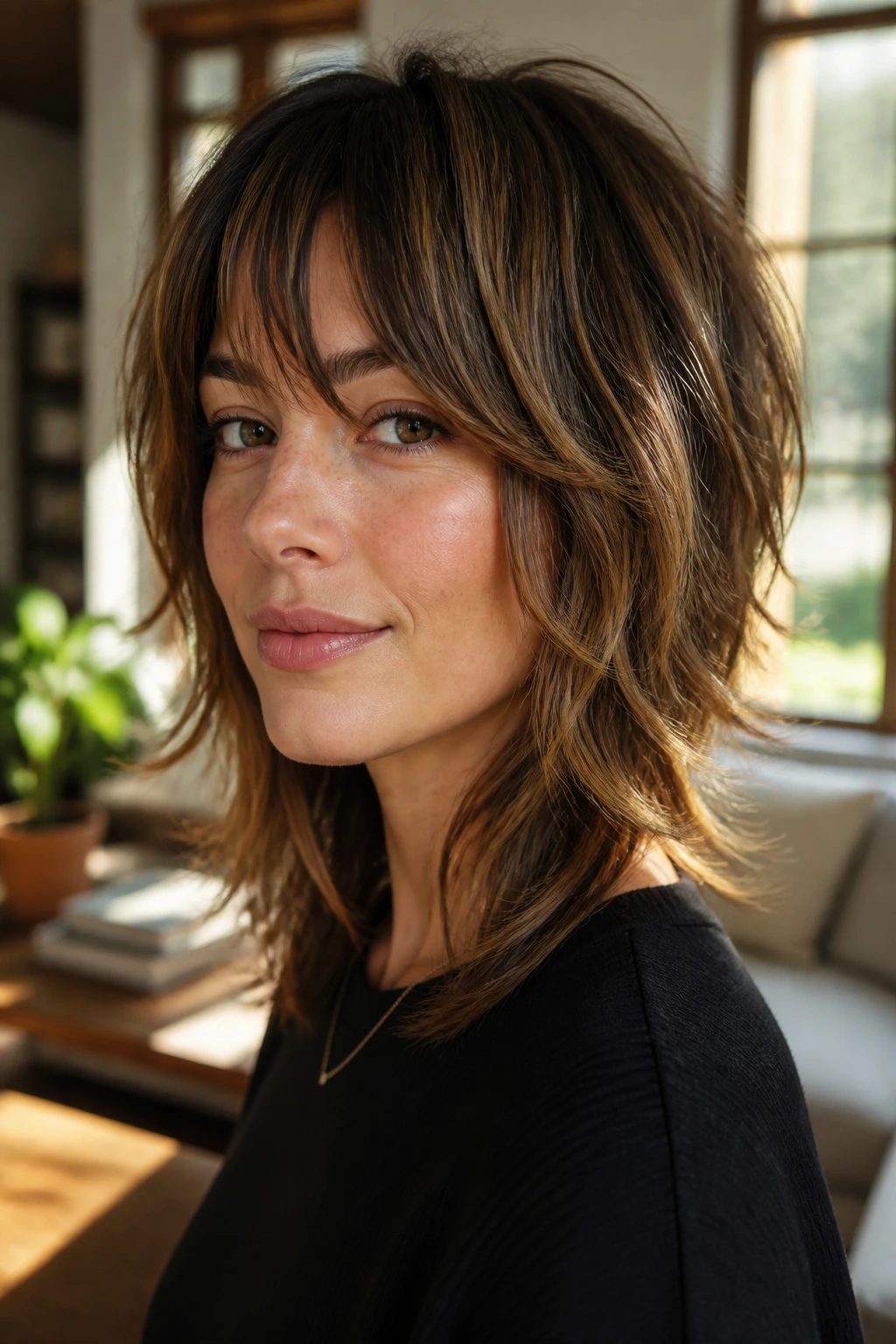 Close-up of a real woman with an oval face sporting caramel-highlighted mini shag