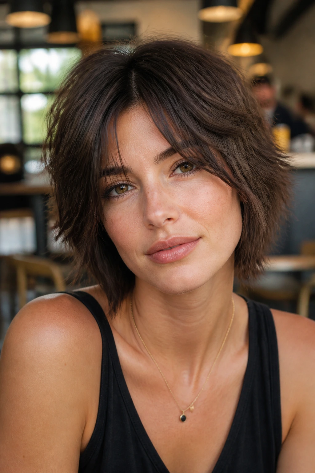 Portrait of a woman with a textured mini shag and cheekbone layers.