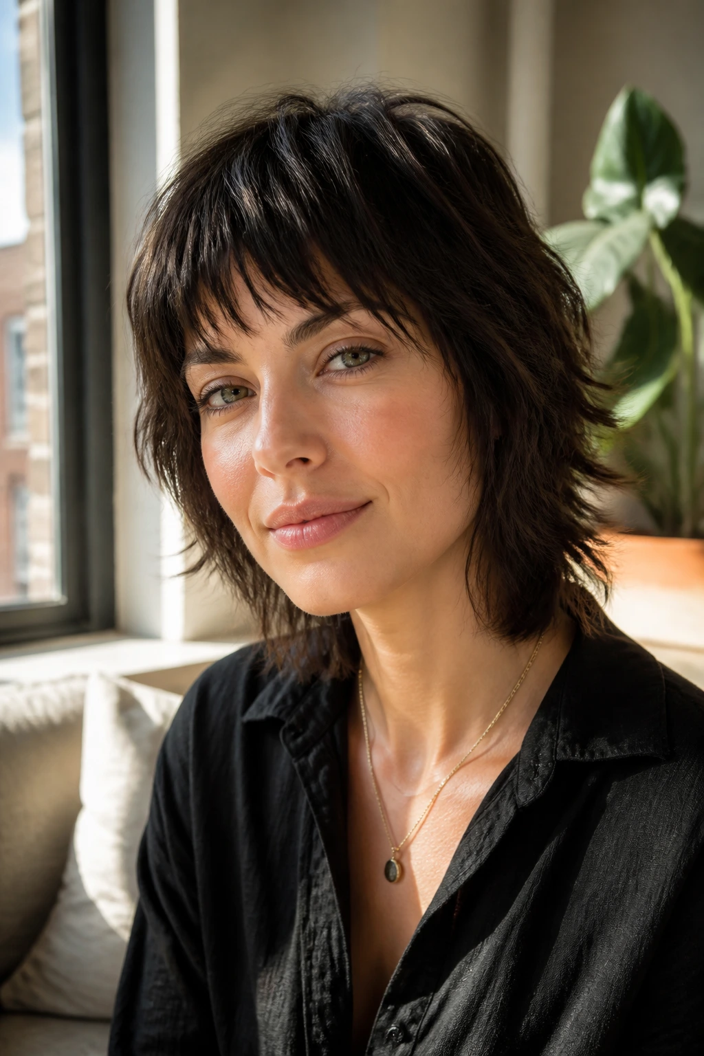 Close-up of a real woman with a mini shag and choppy bangs.