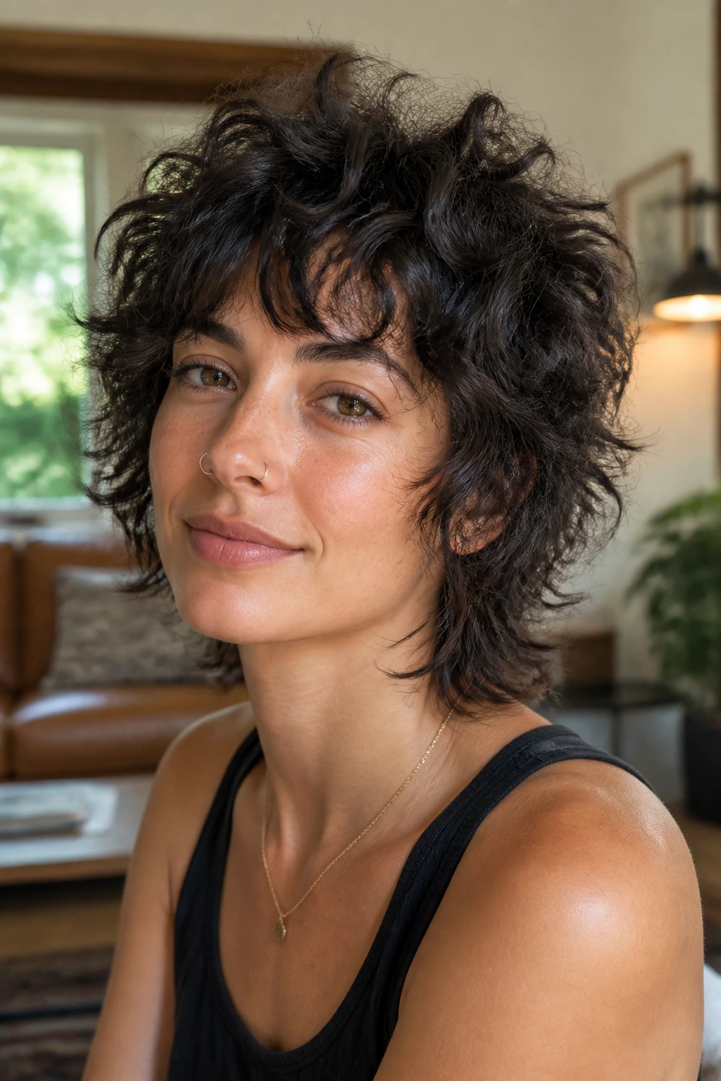 Close-up of a real woman with a mini shag and airy crown layers on short curly hair