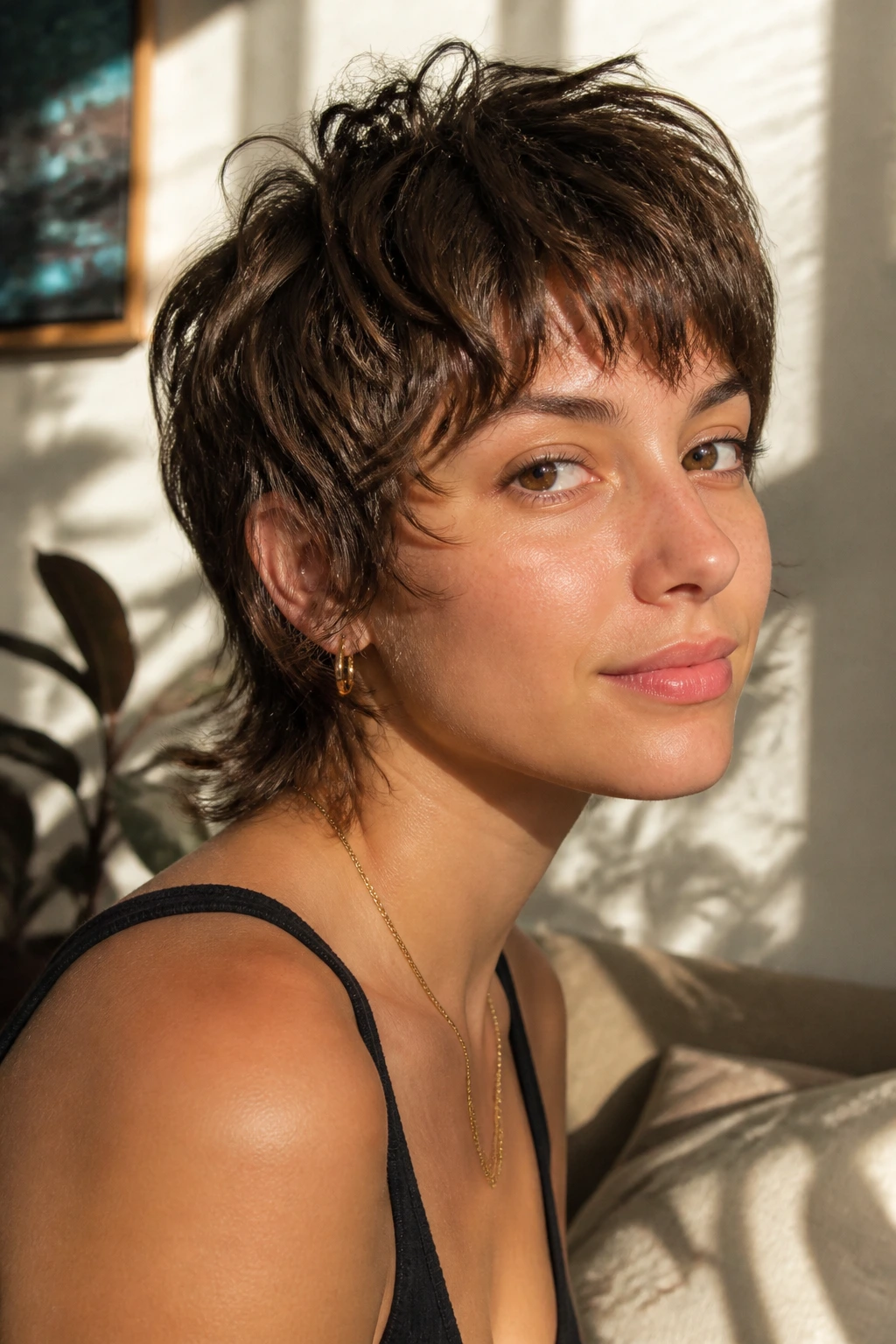 Close-up of a real woman with a mini shag and feathered temples