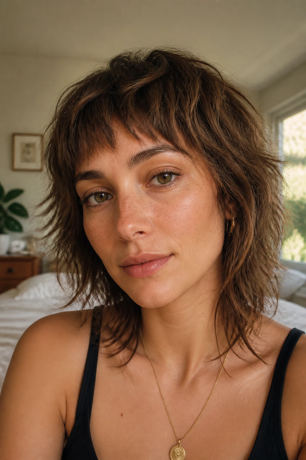 Close-up of a real woman wearing a mini shag fringe in a cozy bedroom