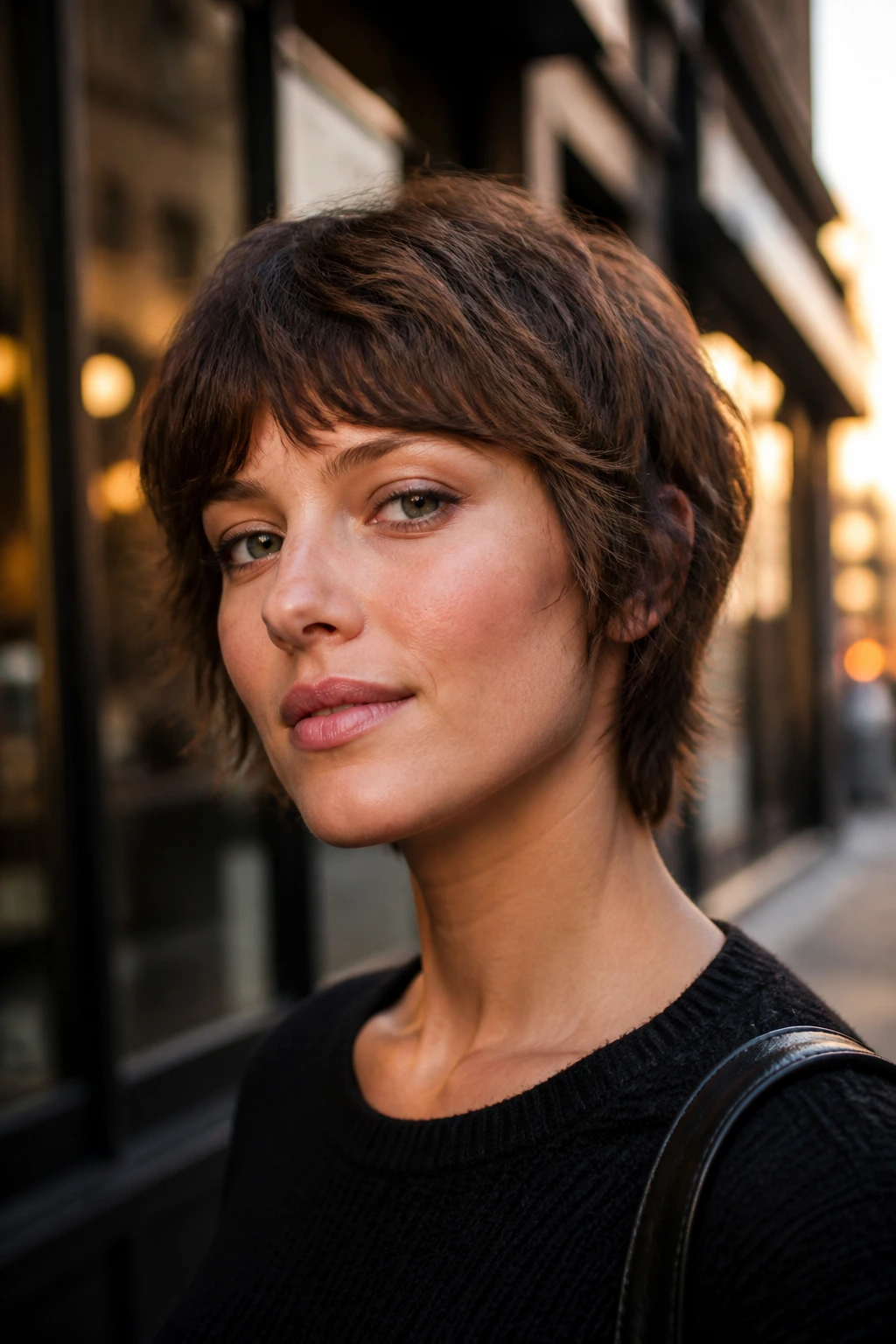 Close-up of a woman with a chin-length mini shag and textured layers.