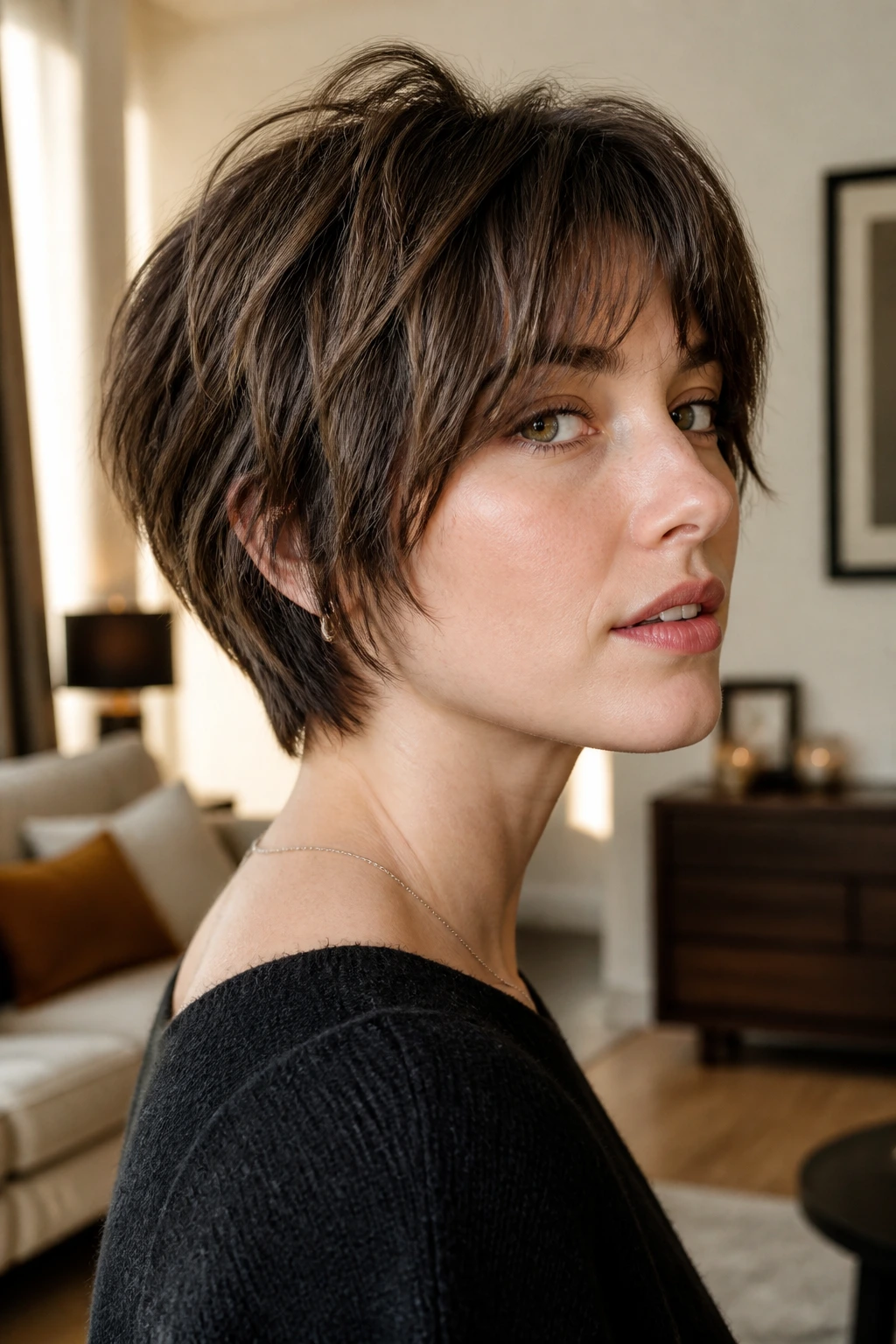 Close-up portrait of a real woman with a mini shag bob and neck-taper in warm daylight