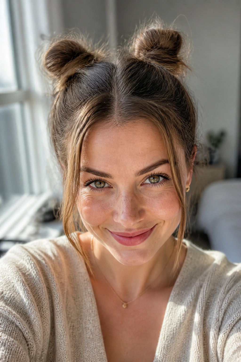 Close-up of a real woman with two mini space buns on the crown
