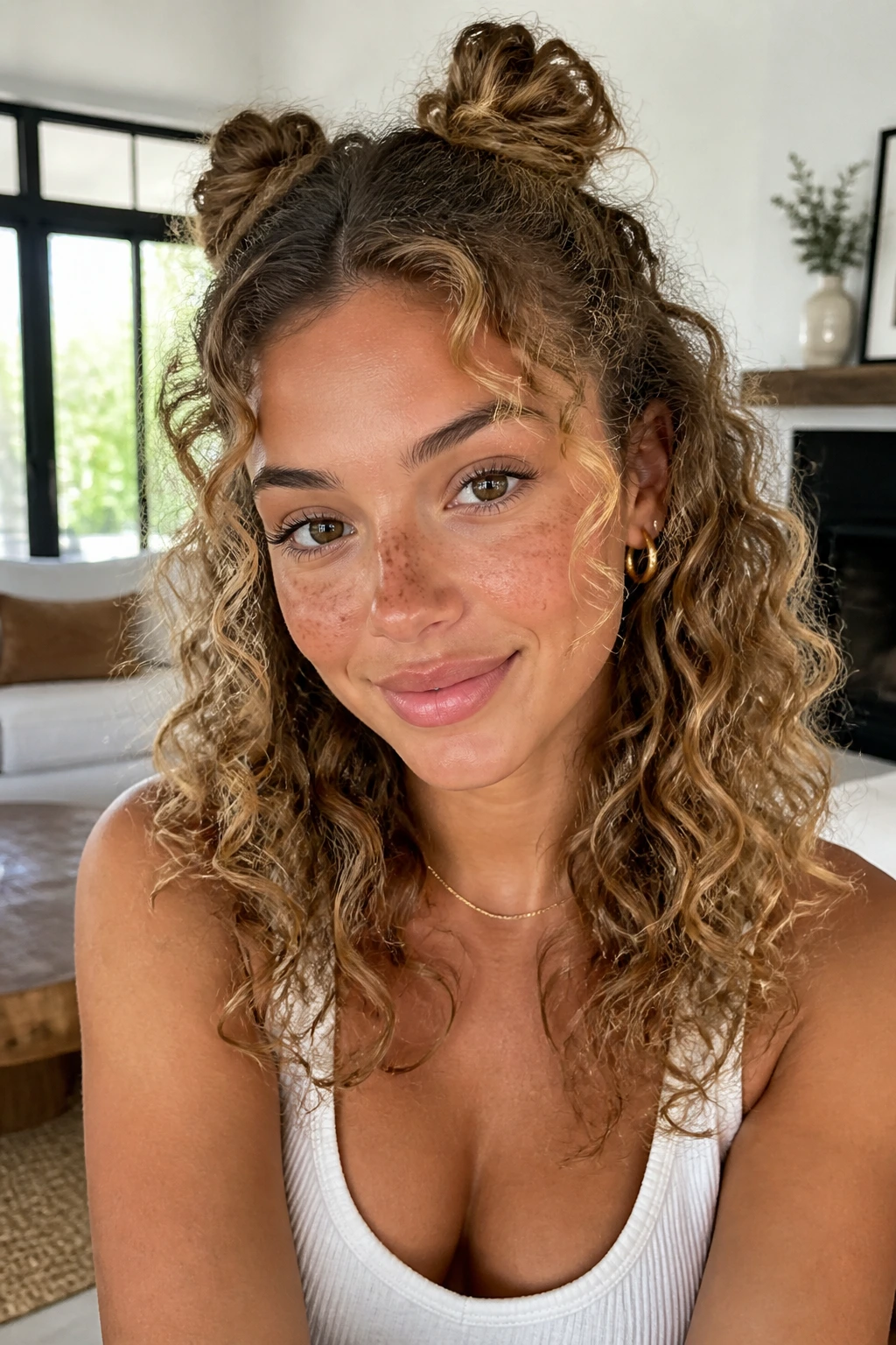 Close-up of a real woman with two mini space buns and open curls in mid-length hair