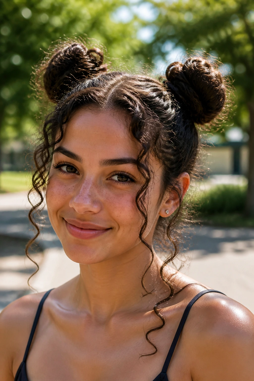 Close-up of a real woman with two mini space buns and curly hair.