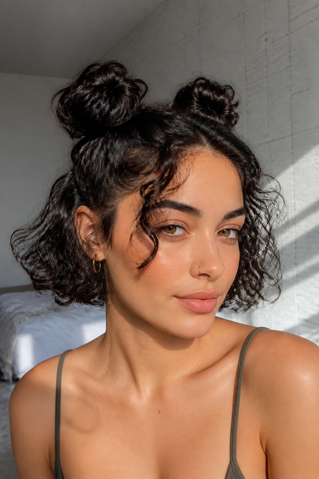 Close-up of a real woman with mini space buns on a curly crop in bright daylight
