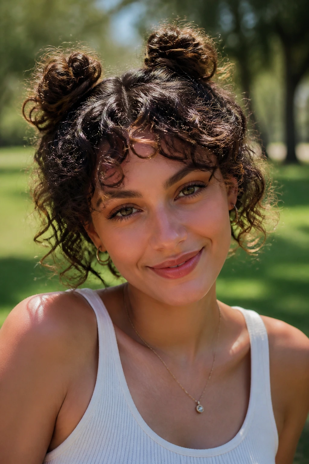 Close-up portrait of a real person with mini space buns outdoors in bright sunlight