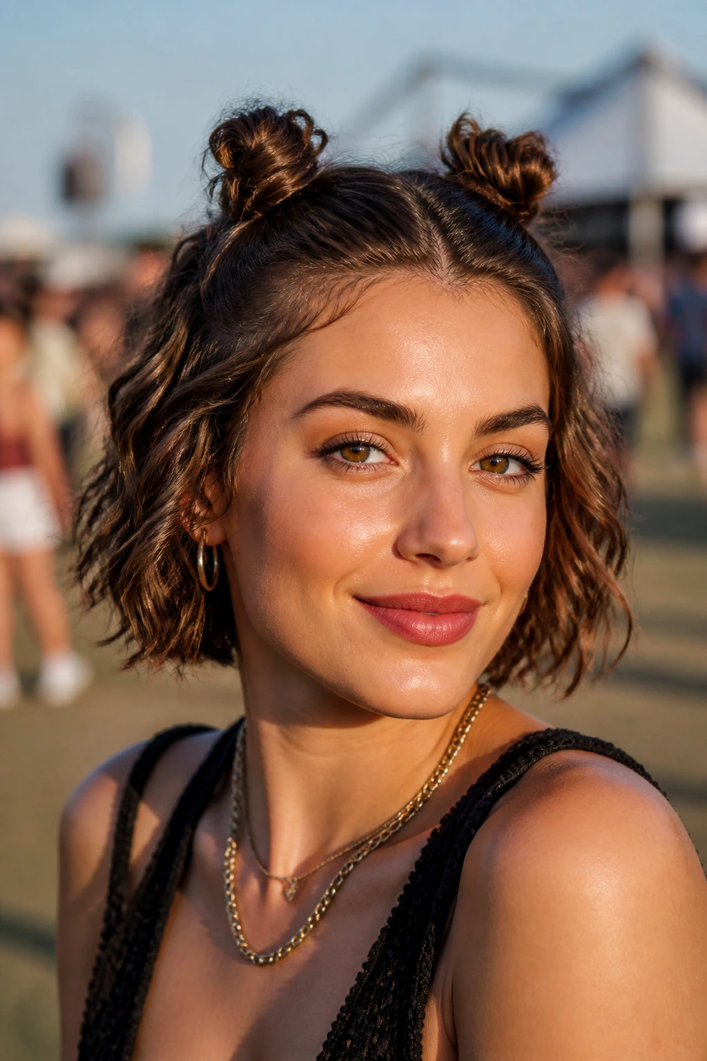 Close-up of a real woman with mini space buns on a short wavy bob