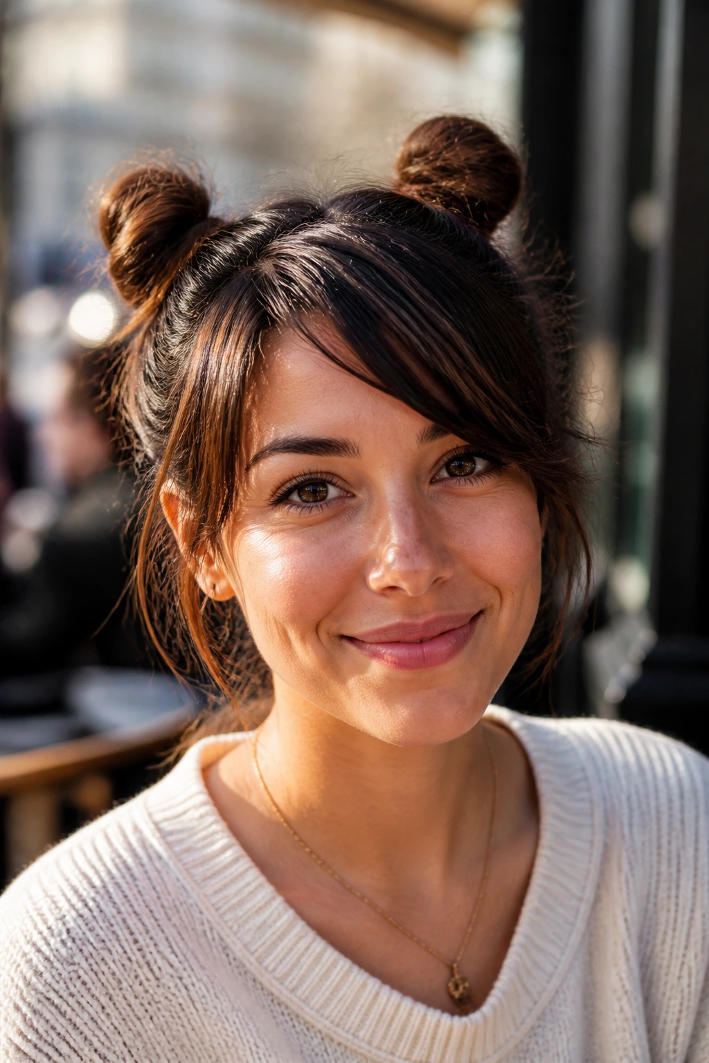 Close-up portrait of a real woman with two mini space buns and side-swept bangs