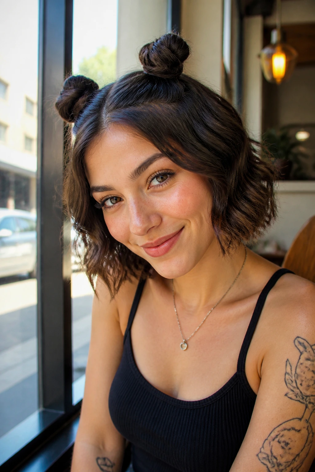 Close-up of mini space buns on a wavy bob in daylight