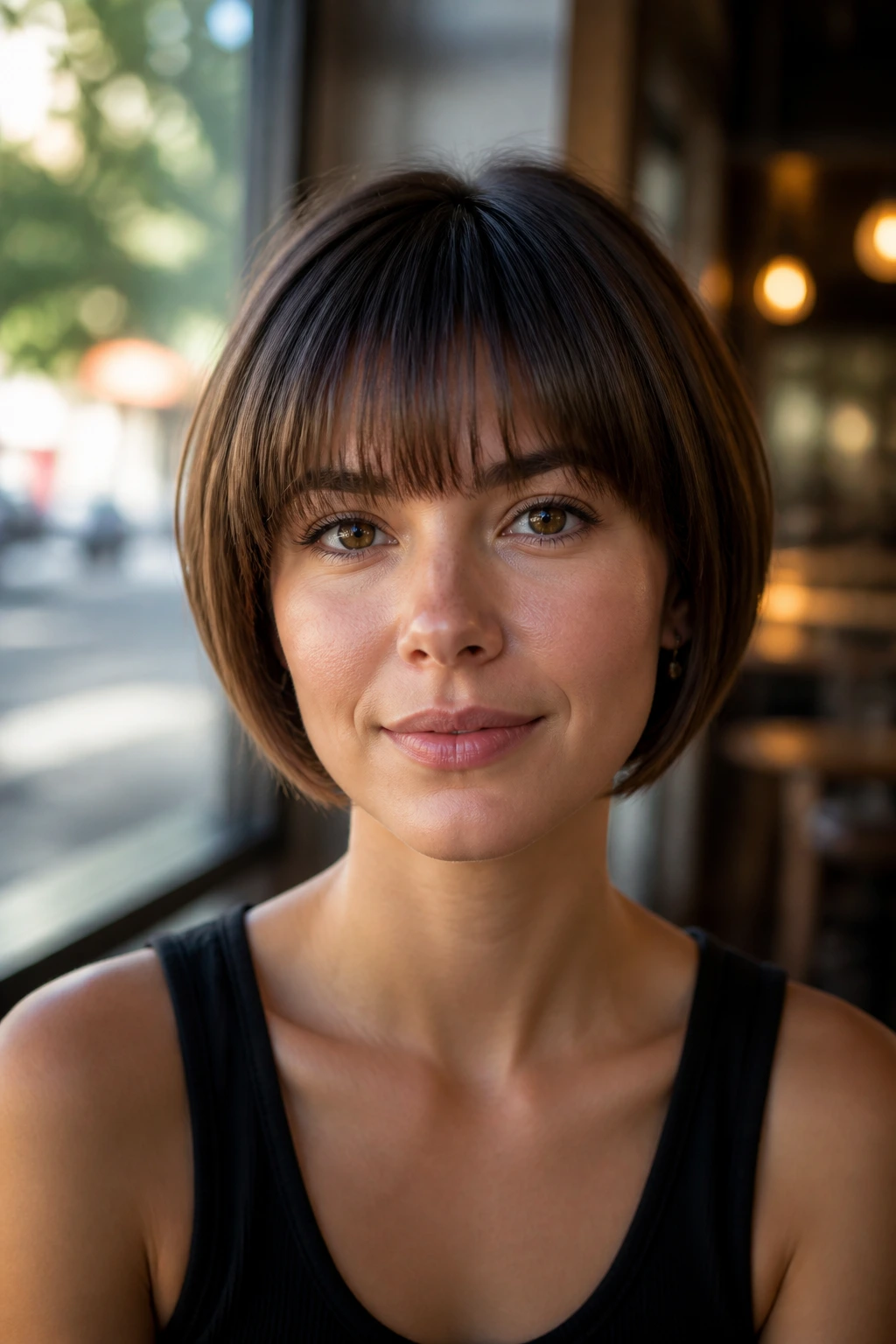 Portrait of a real woman with mini stacked bob and brow-grazing bangs in cafe light