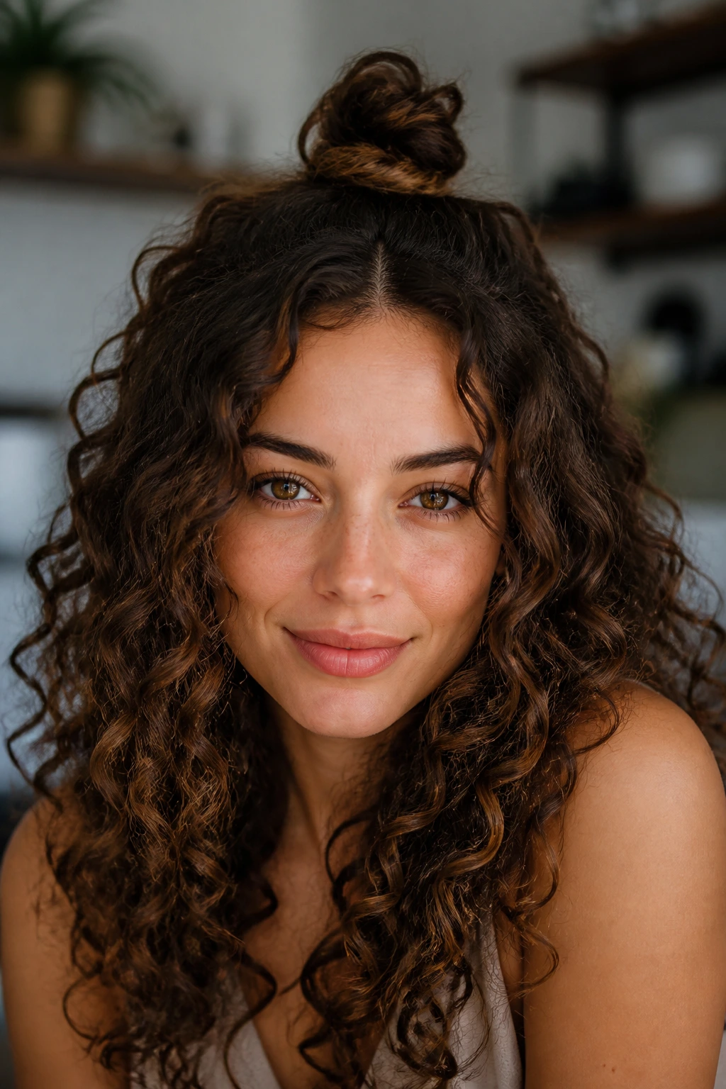 Real woman with a mini top knot and curly length left out.