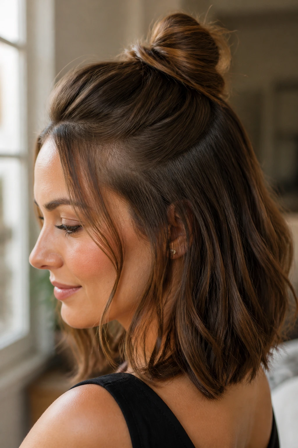 Close-up of a real woman with a small top knot half-up hairstyle