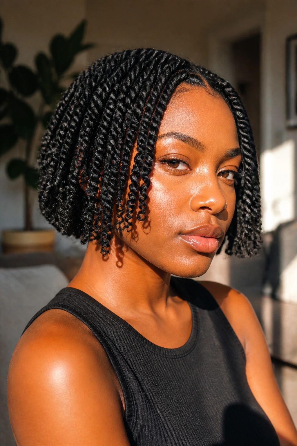 Close-up portrait of a real Black woman with a jaw-length mini twist bob and defined part lines.