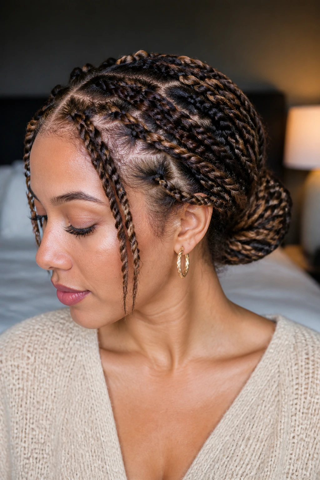 Real woman with a compact bun formed from mini twists at the nape and lowlights.