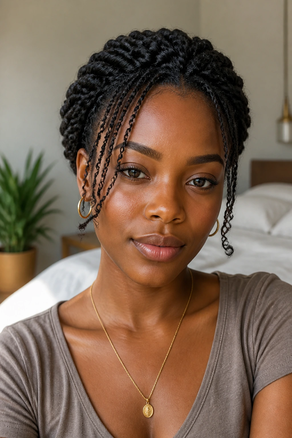 Real woman with Mini Twist Halo and face-framing fringe in soft morning light