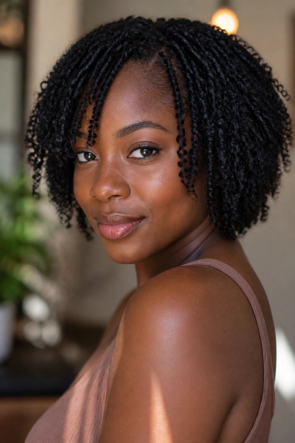 Close-up portrait of a real person with a mini twist-out bob hairstyle