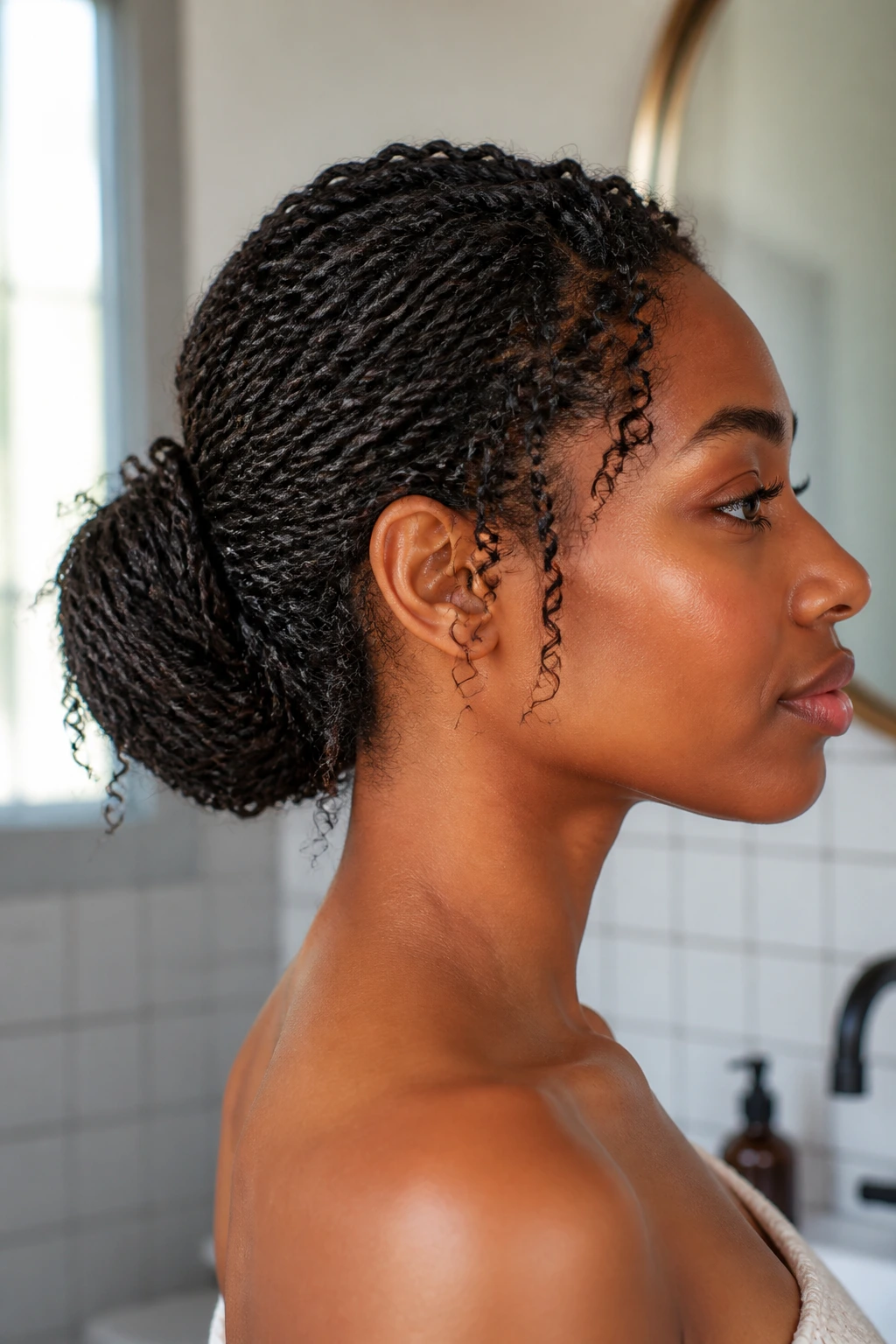 Close-up of a real woman with mini twists rolled into a small bun