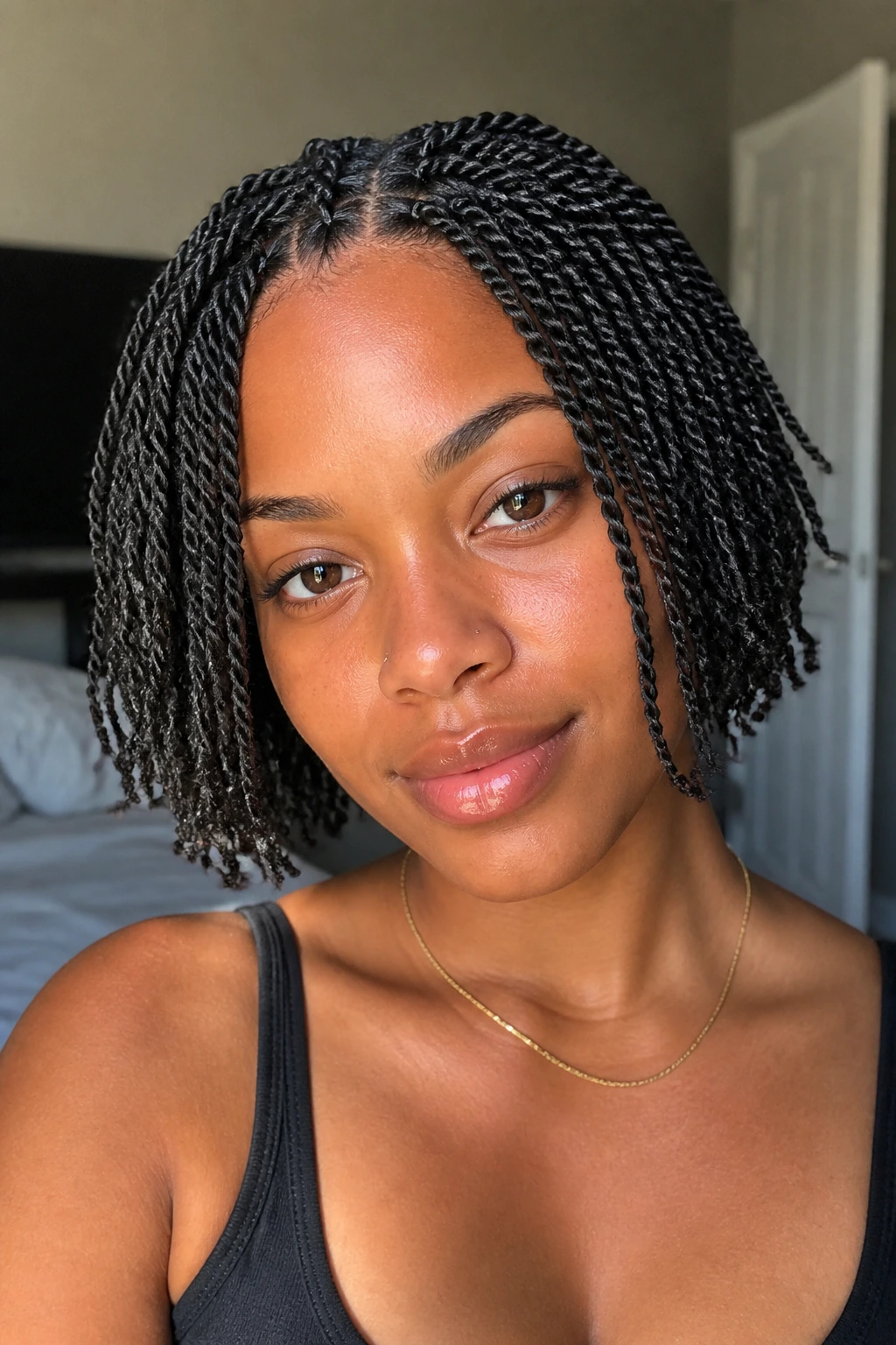 Close-up of a real woman with mini twists at bob length