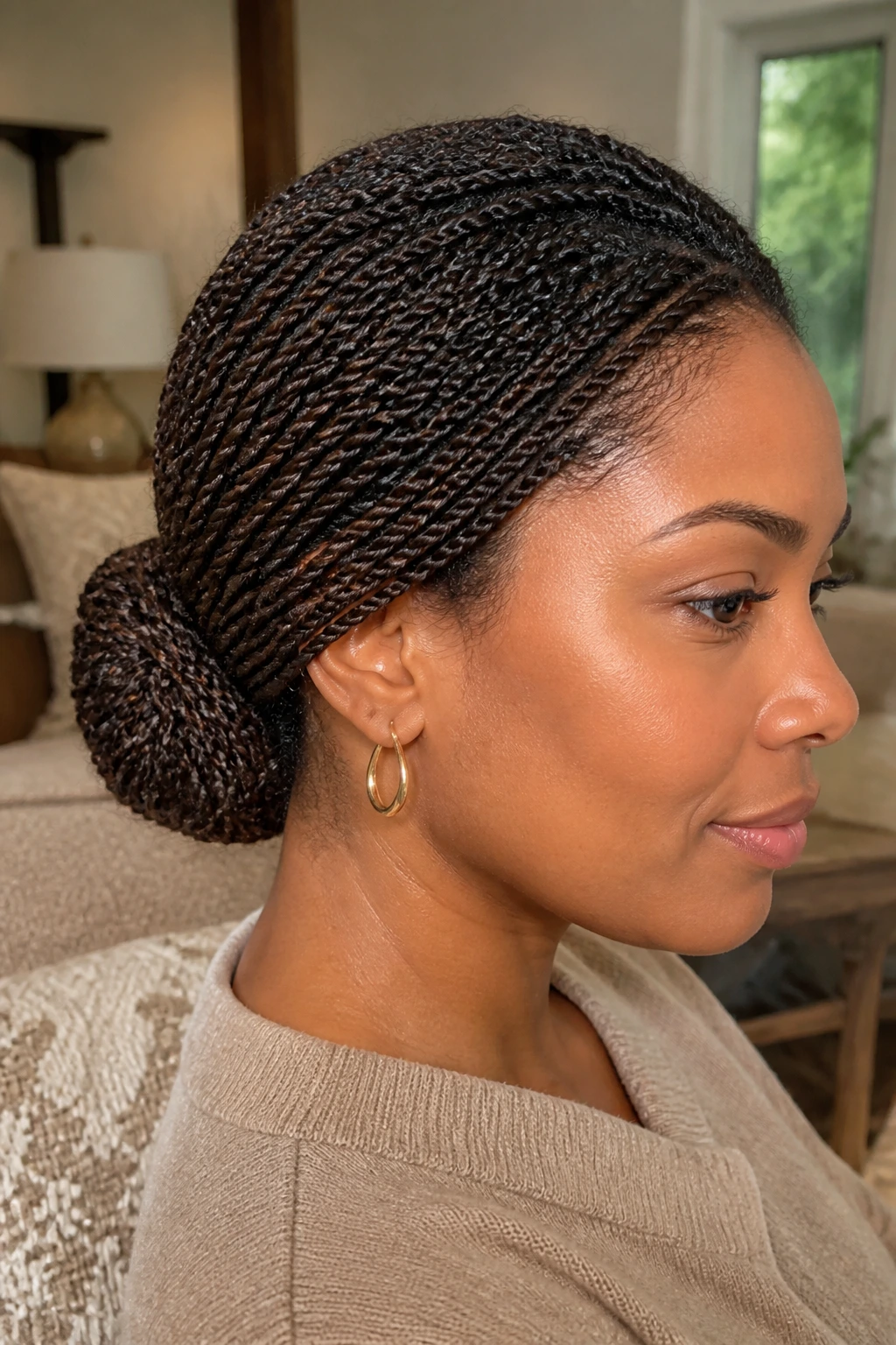 Close-up side-profile of a real woman with mini twists into a low bun and lowlights