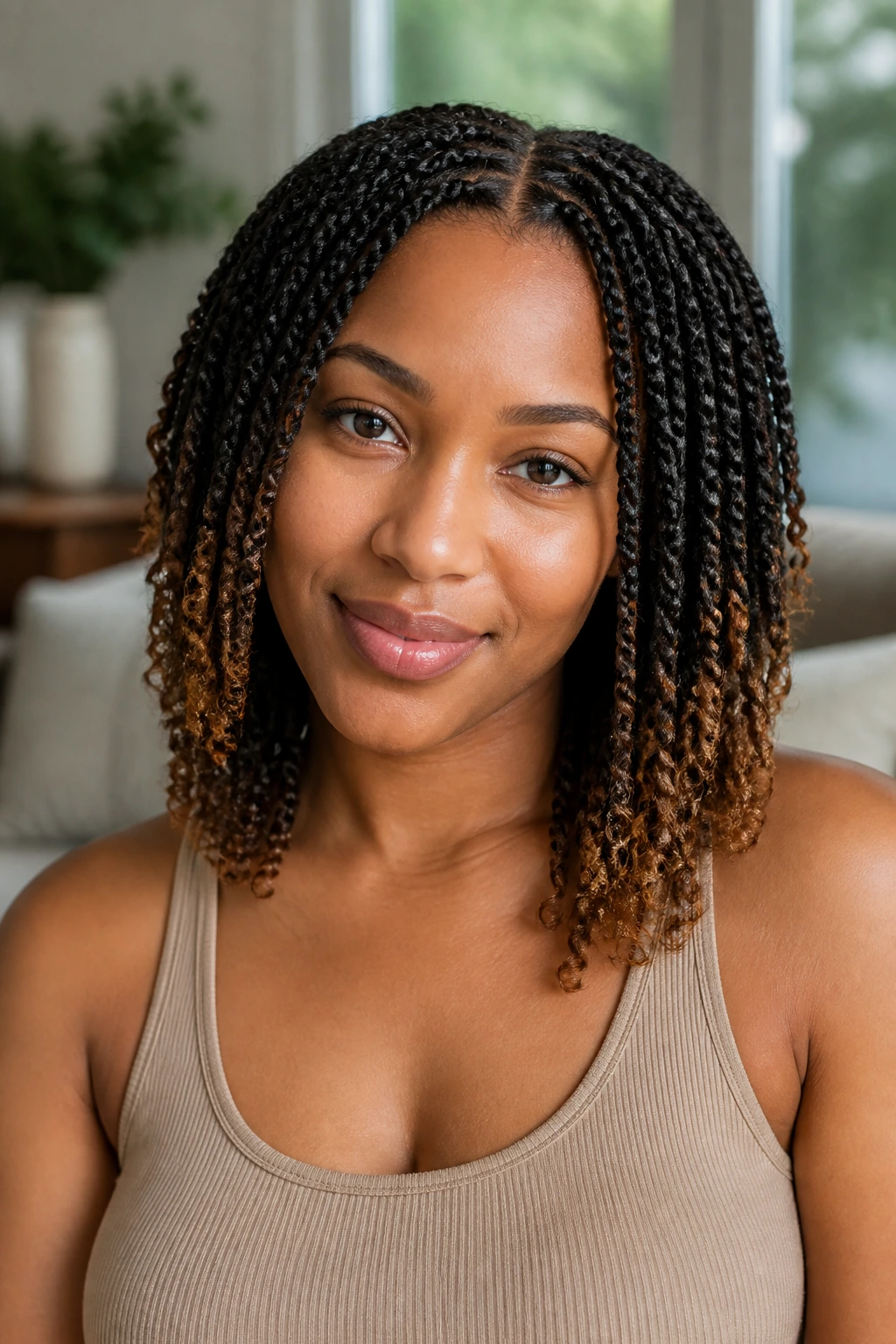 Close-up of a real woman with mini twists and caramel-tipped ends