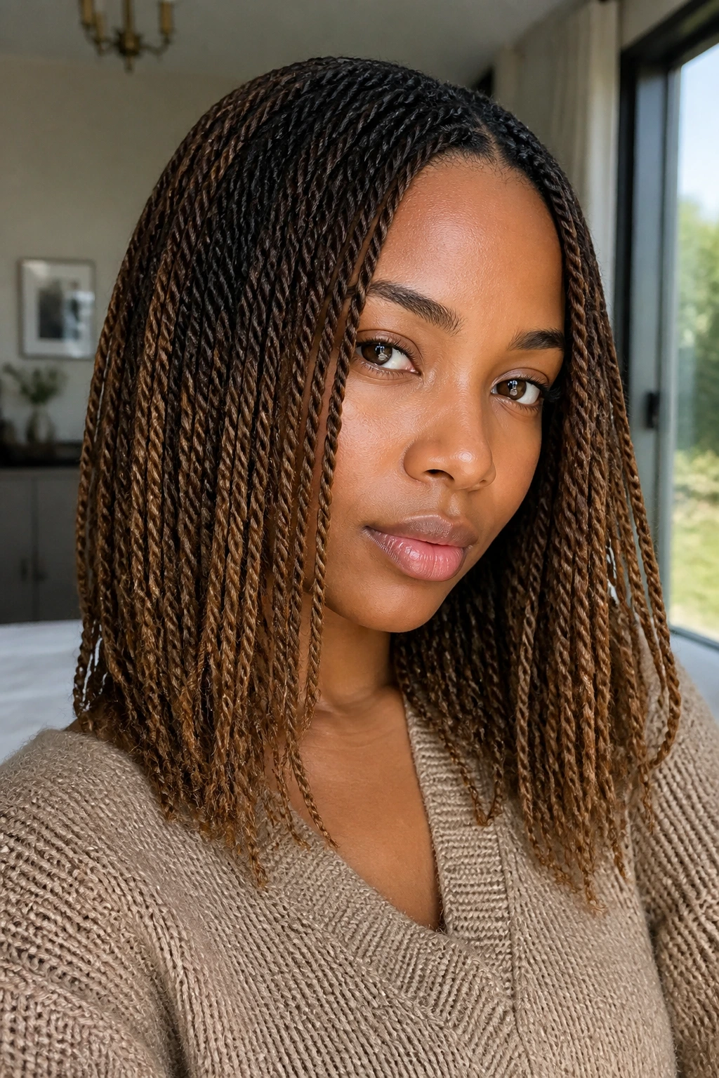 Close-up of a real woman with mini twists and seamless color melt