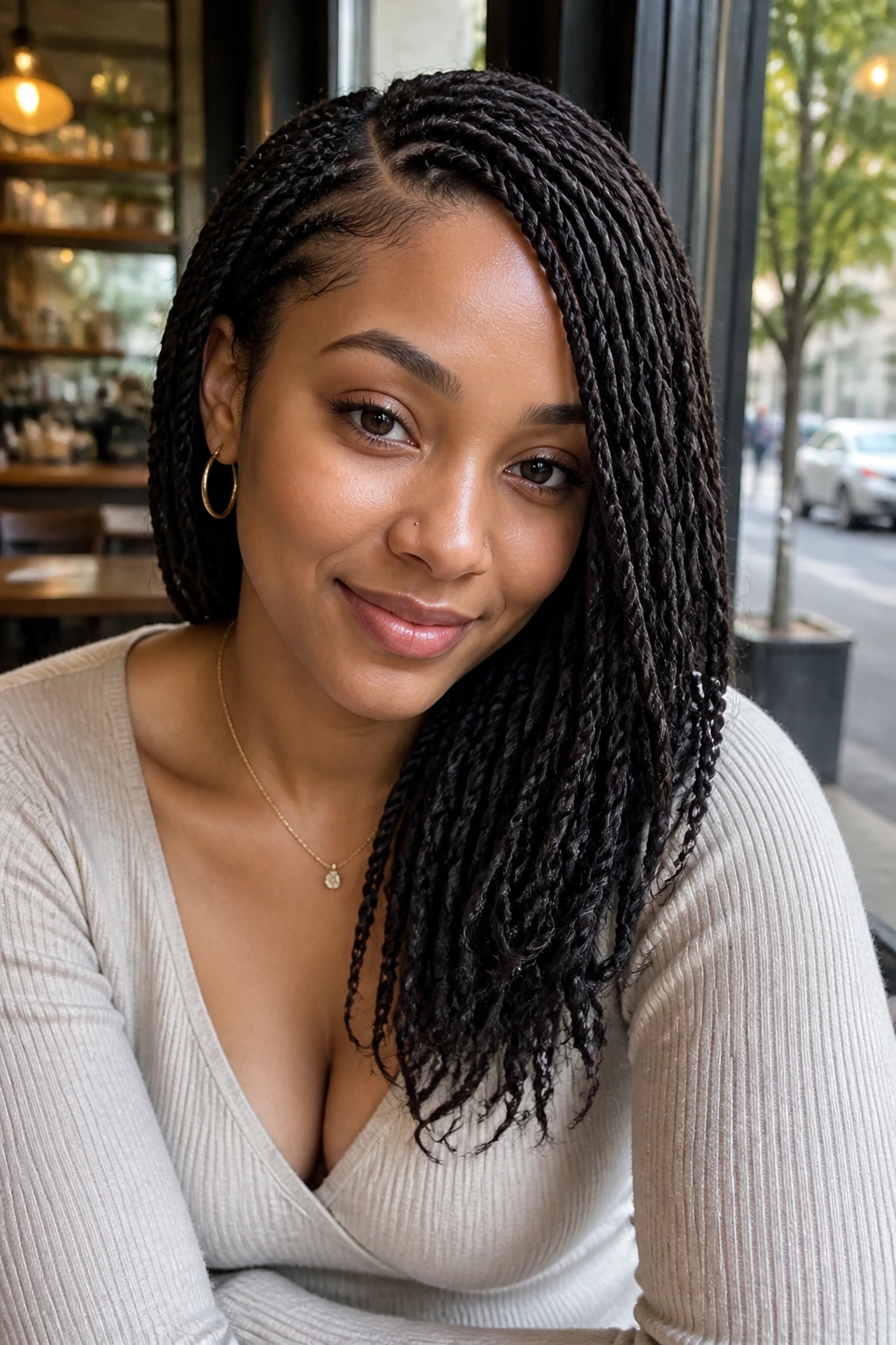 Close-up of a woman with mini twists and a deep side part