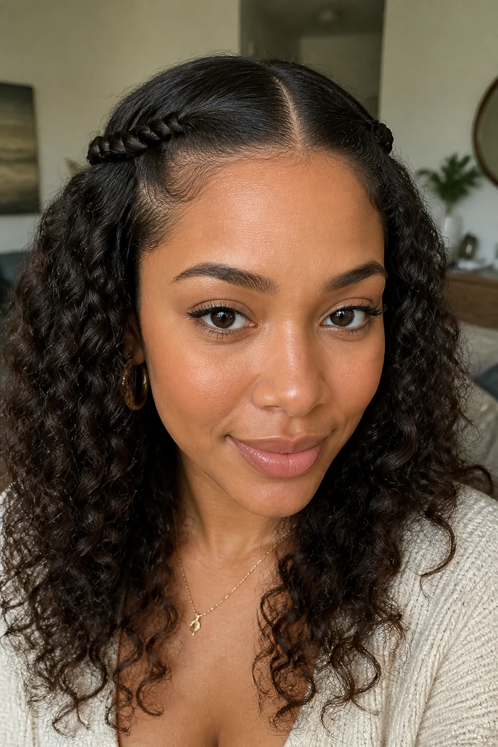 Close-up of two small twists at the front of medium curly hair in a real person