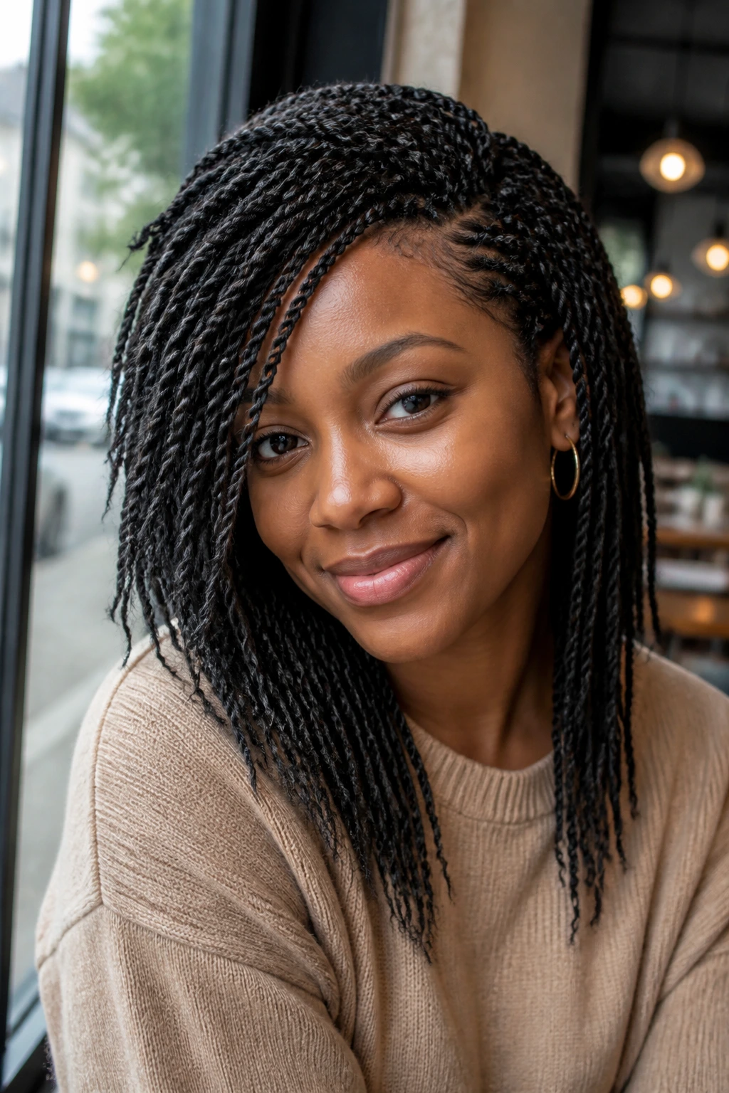 Close-up of a real woman with mini twists and a side-swept front.
