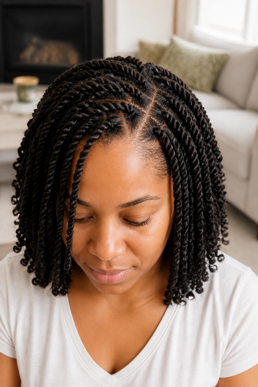 Close-up of a real woman with mini twists on shoulder-length curly hair.